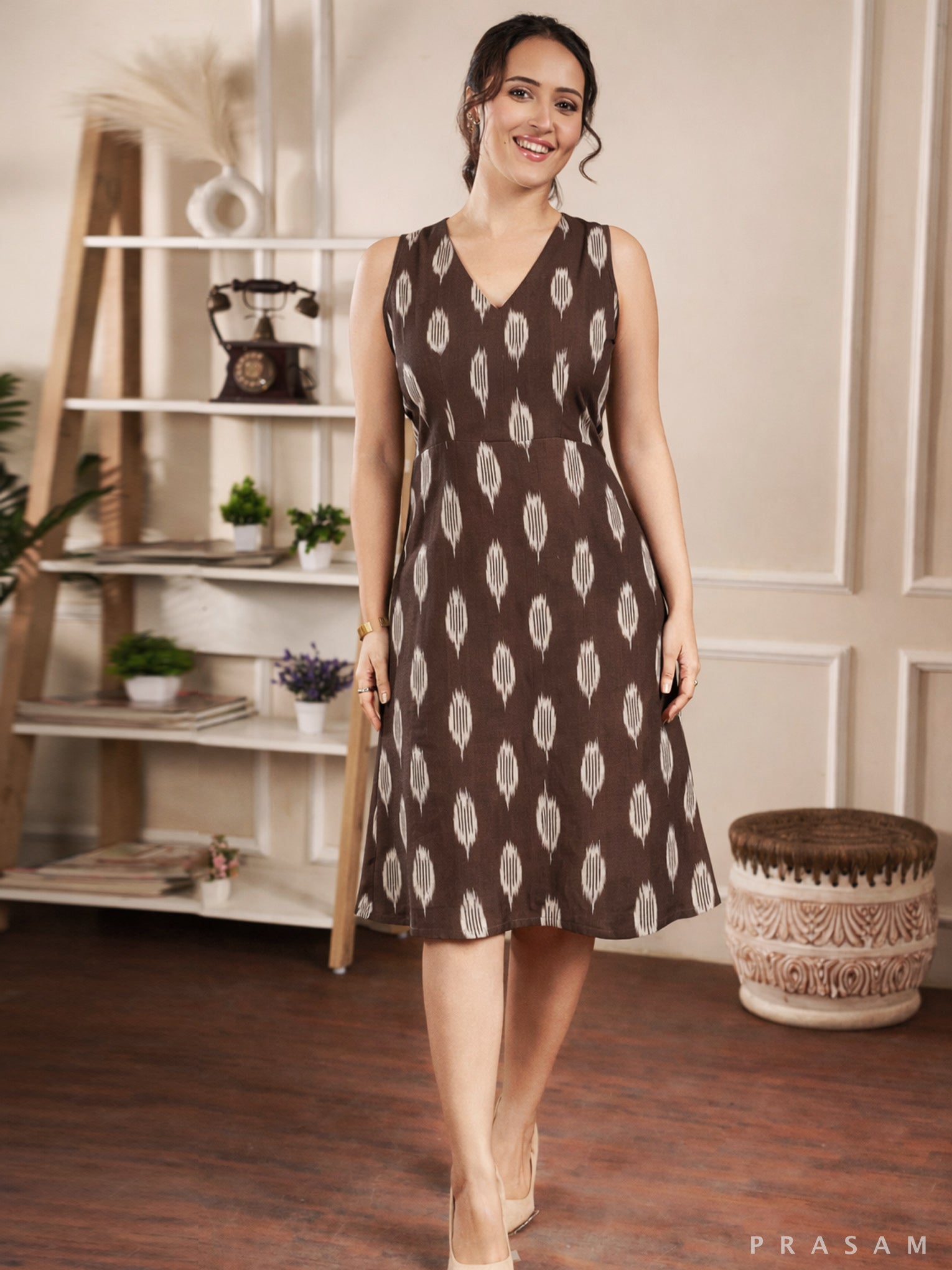 Coco Bean Earth Tone Ikat Flared Dress