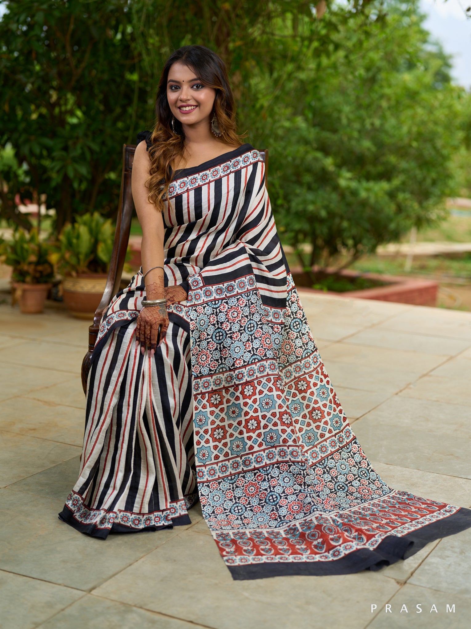 Rouge Reverie Red & White Ajrakh Striped Saree