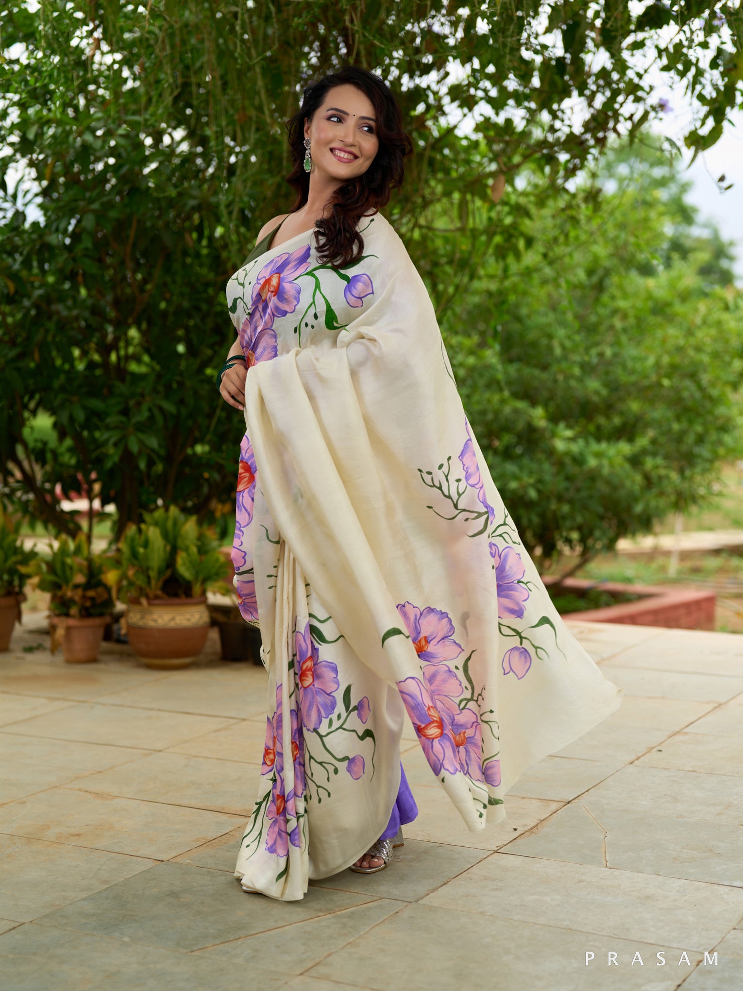 Moonlit Garden Hand Painted Pure Silk Saree