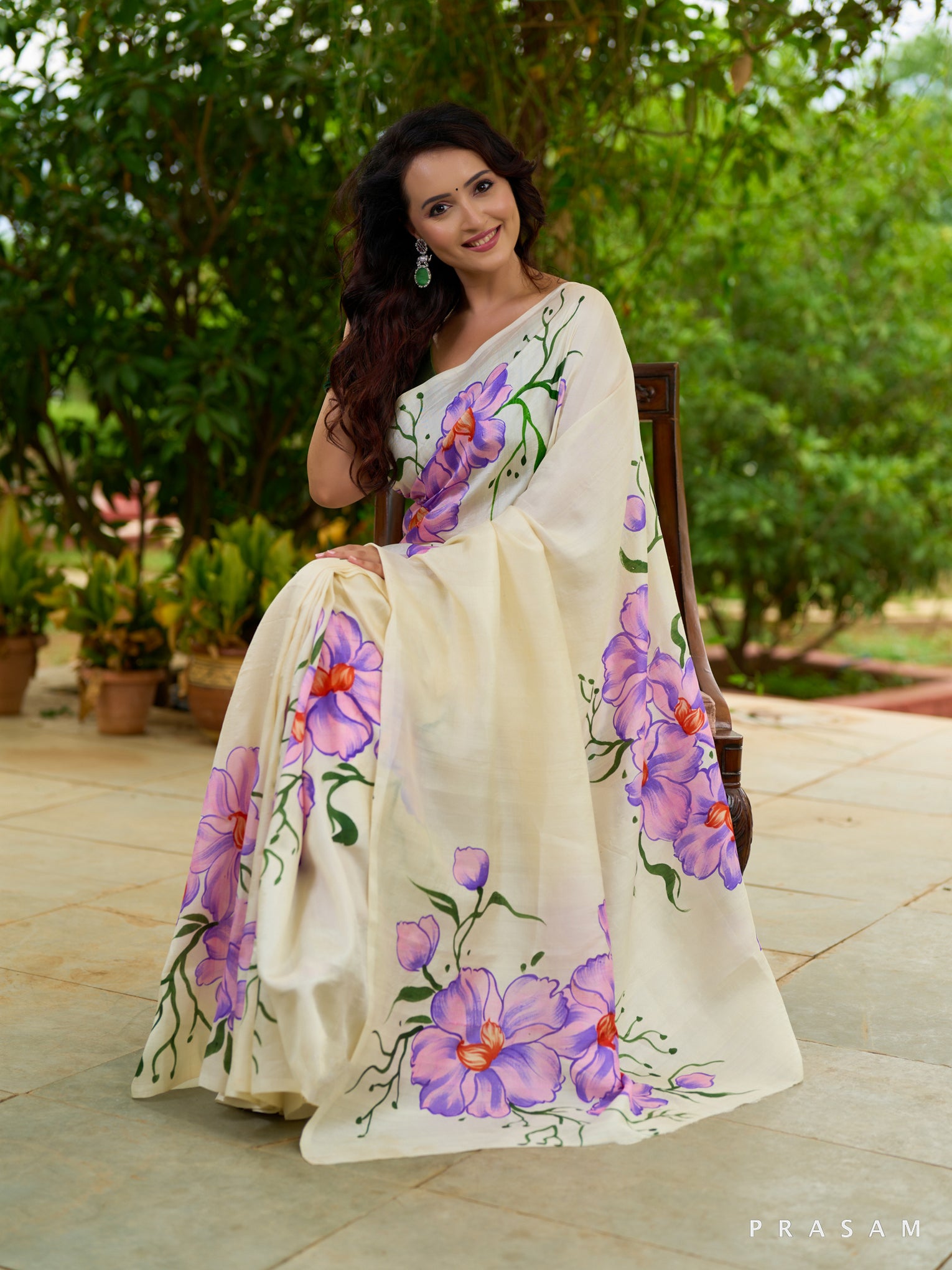 Moonlit Garden Hand Painted Pure Silk Saree