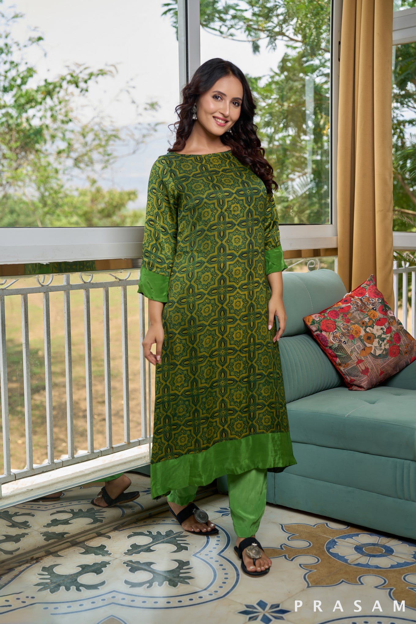 Olive Odes Ajrakh Silk Modal Kurti set