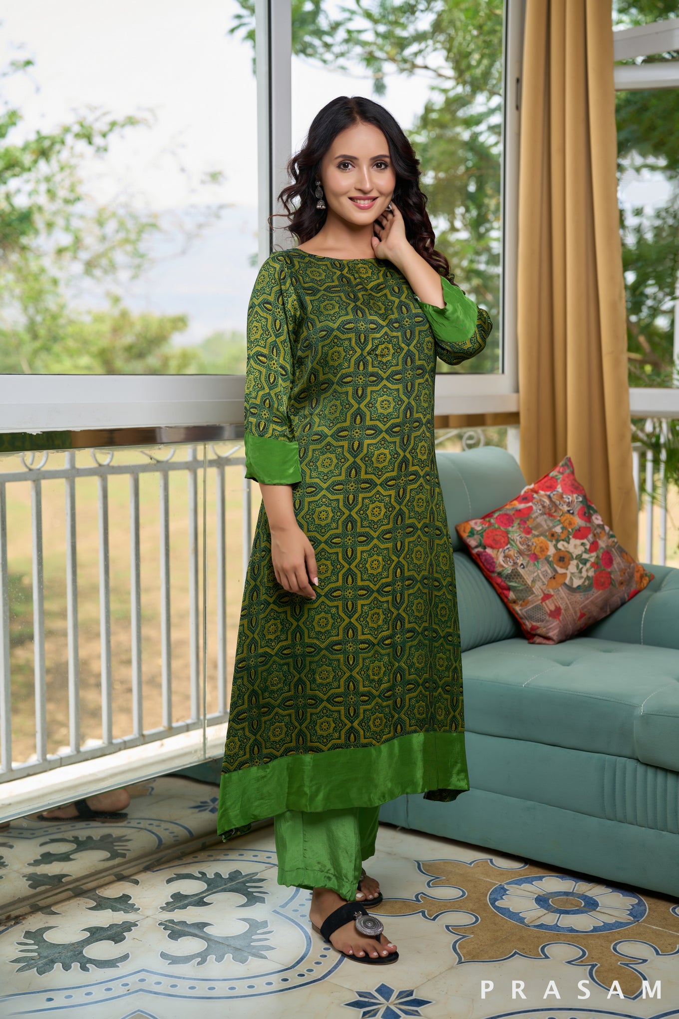 Olive Odes Ajrakh Silk Modal Kurti set