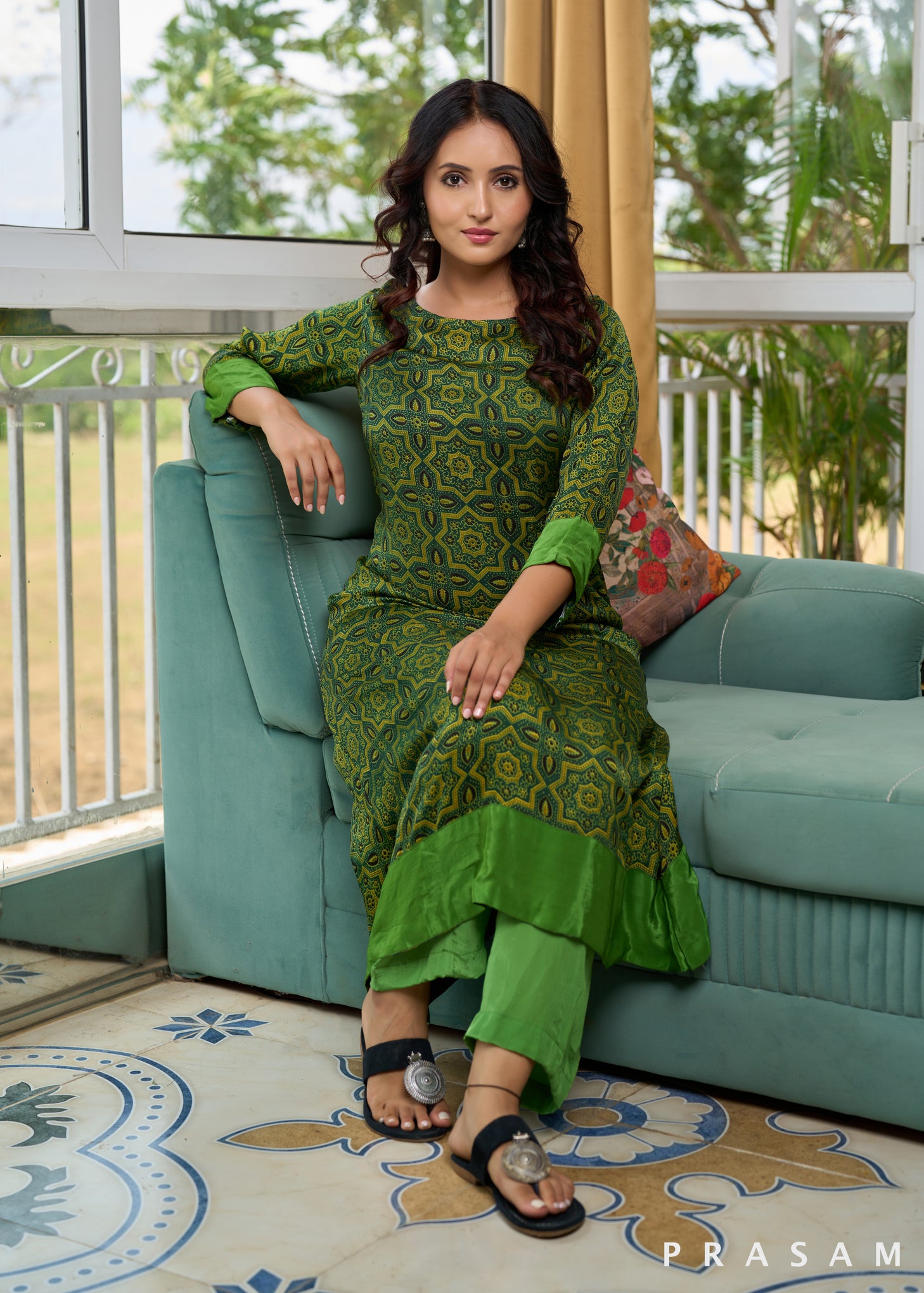 Olive Odes Ajrakh Silk Modal Kurti set