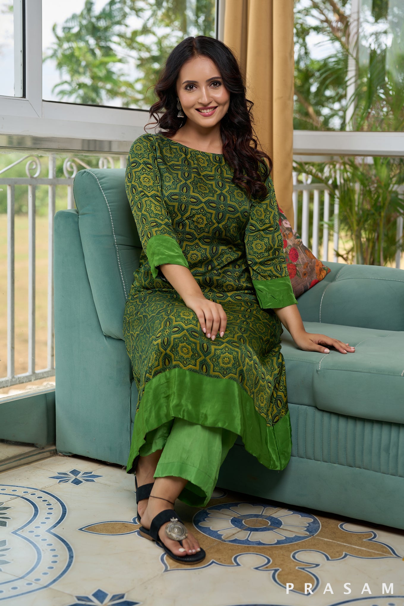 Olive Odes Ajrakh Silk Modal Kurti set