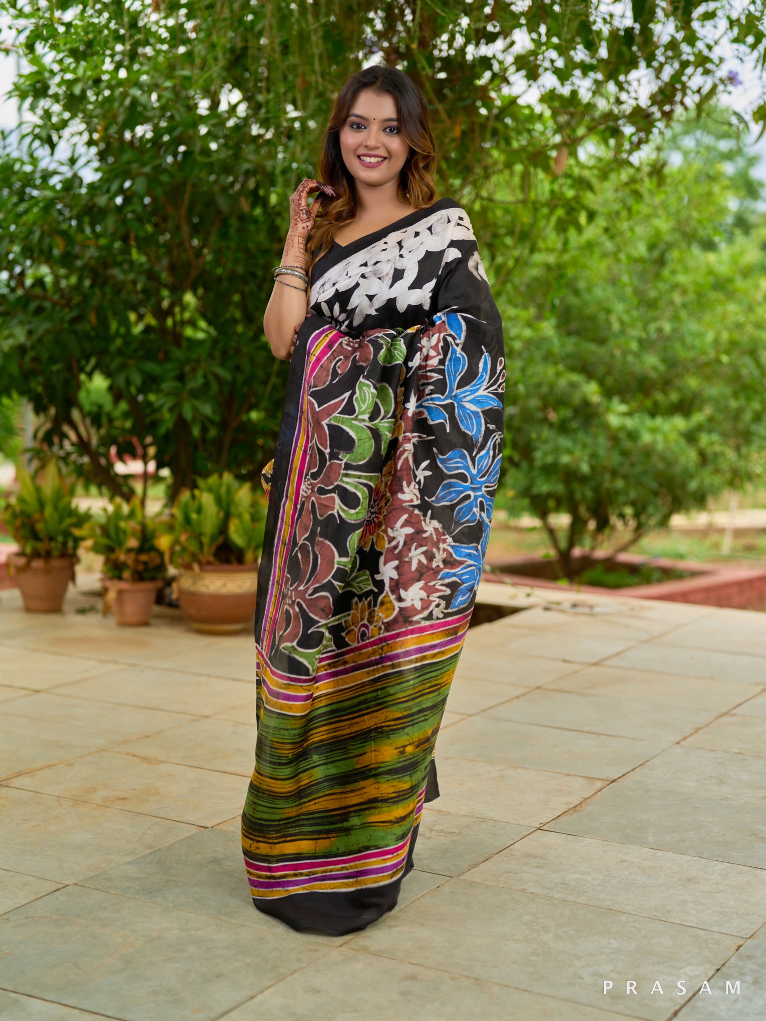 Midnight Meadow Hand Painted Floral Stripe Pure Silk Saree