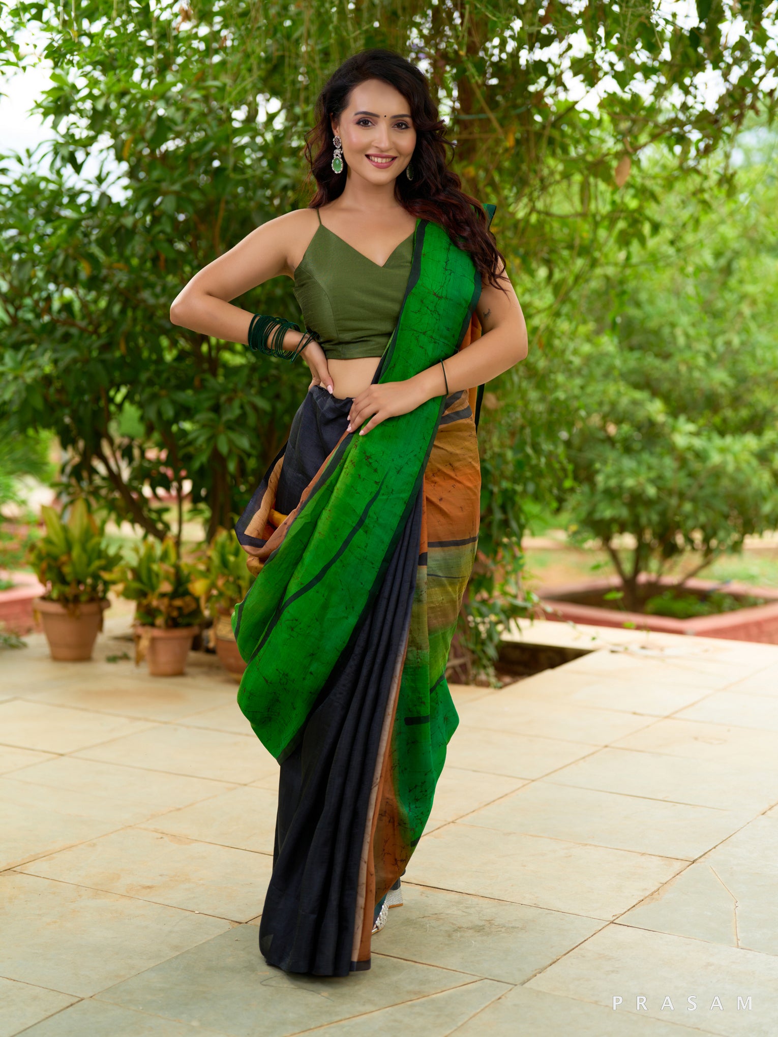 Emerald Ombre Pure Silk Hand Painted Saree