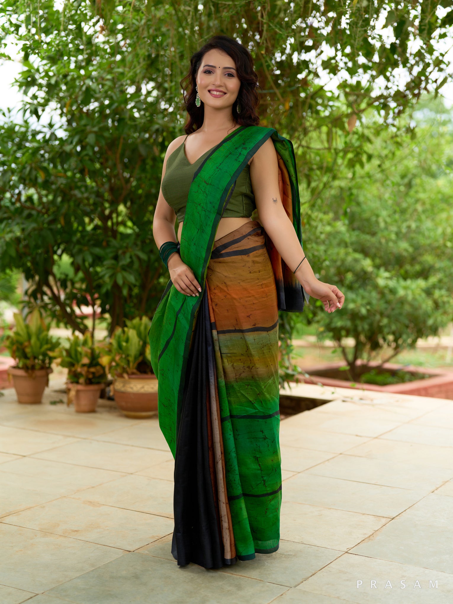 Emerald Ombre Pure Silk Hand Painted Saree