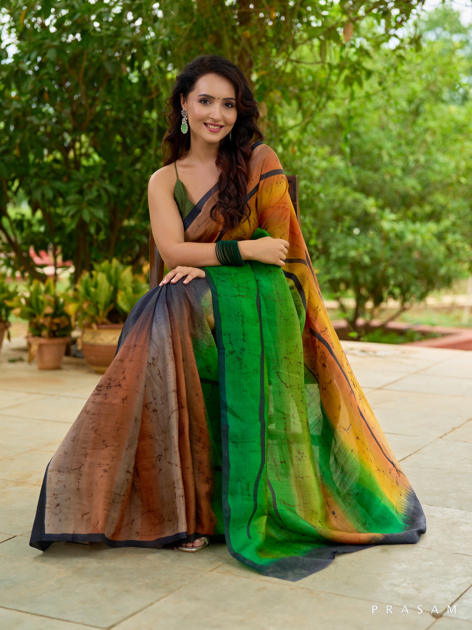 Emerald Ombre Pure Silk Hand Painted Saree