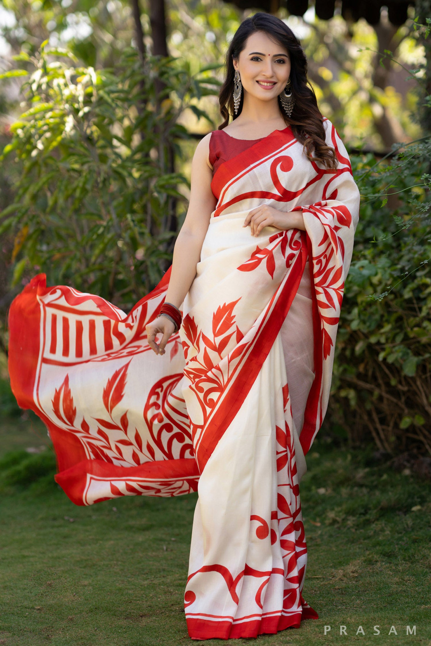 Crimson Garden  silk hand painted Saree