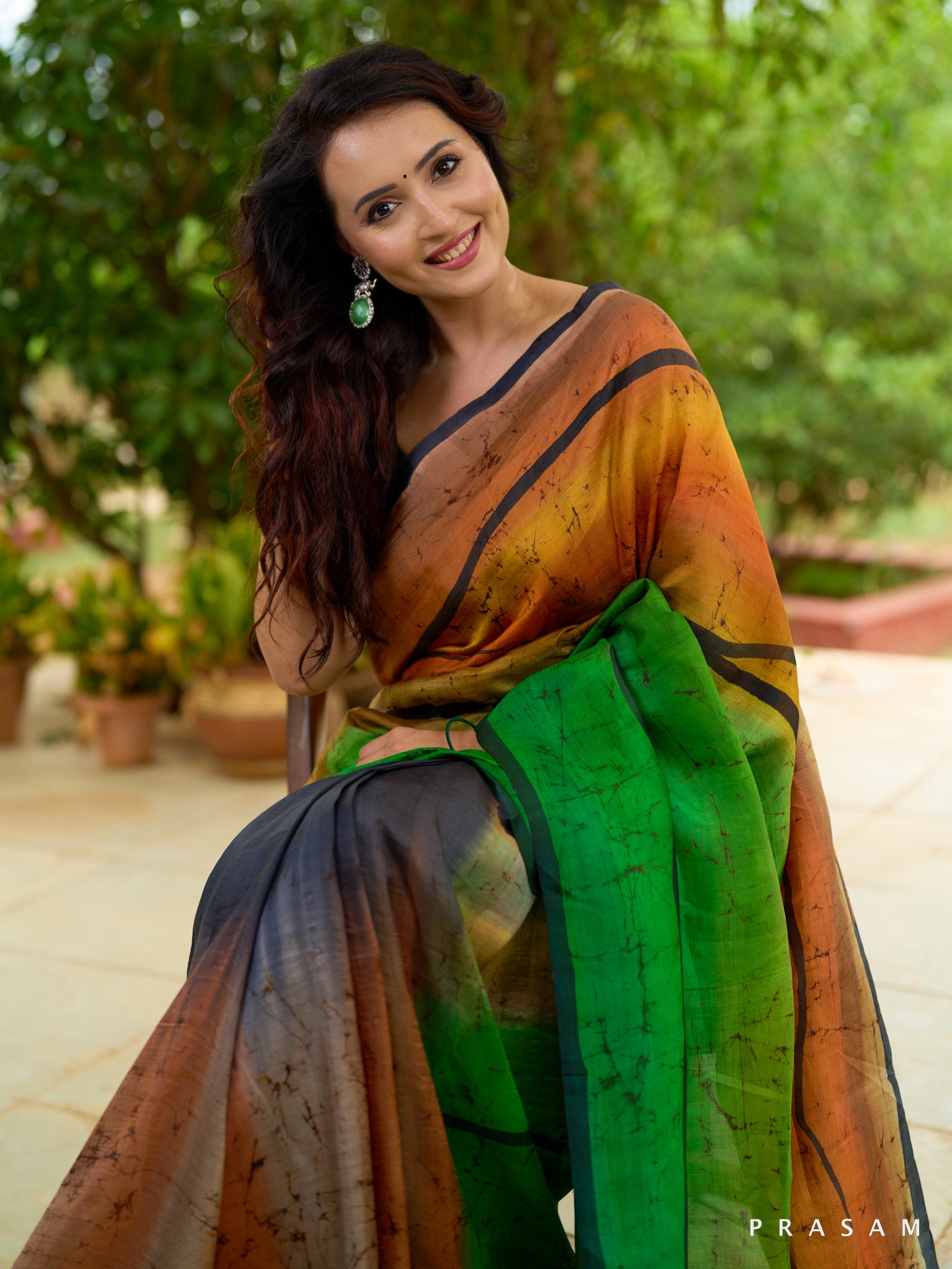 Emerald Ombre Pure Silk Hand Painted Saree