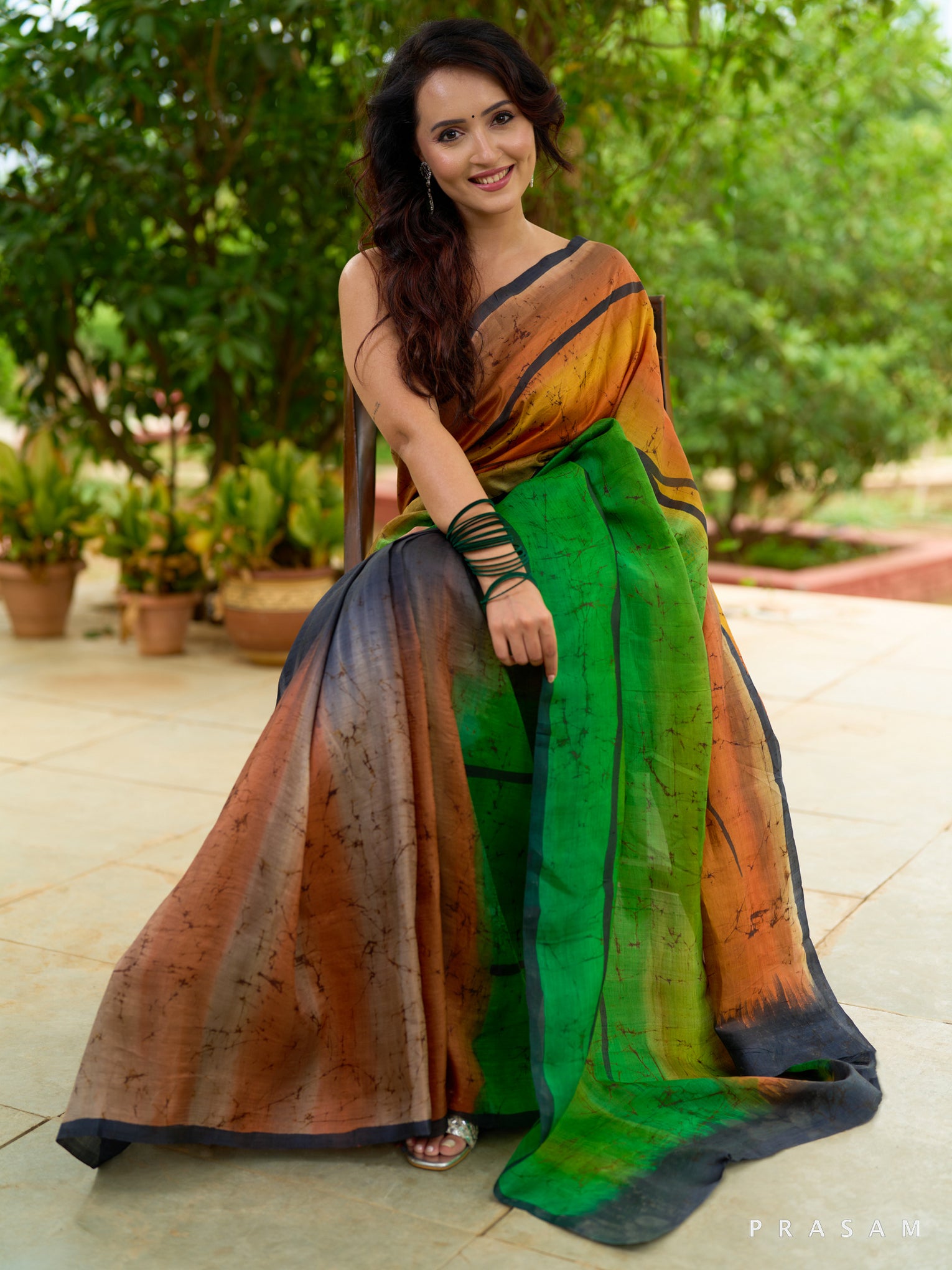 Emerald Ombre Pure Silk Hand Painted Saree