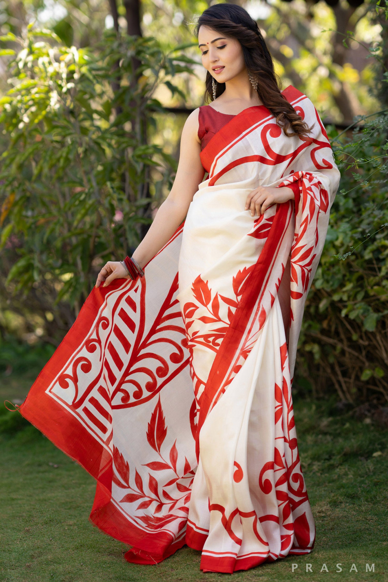 Crimson Garden  silk hand painted Saree