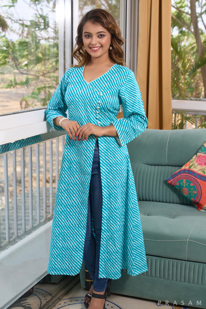 Ocean Wave Cotton Leheriya Kurti with White Trims