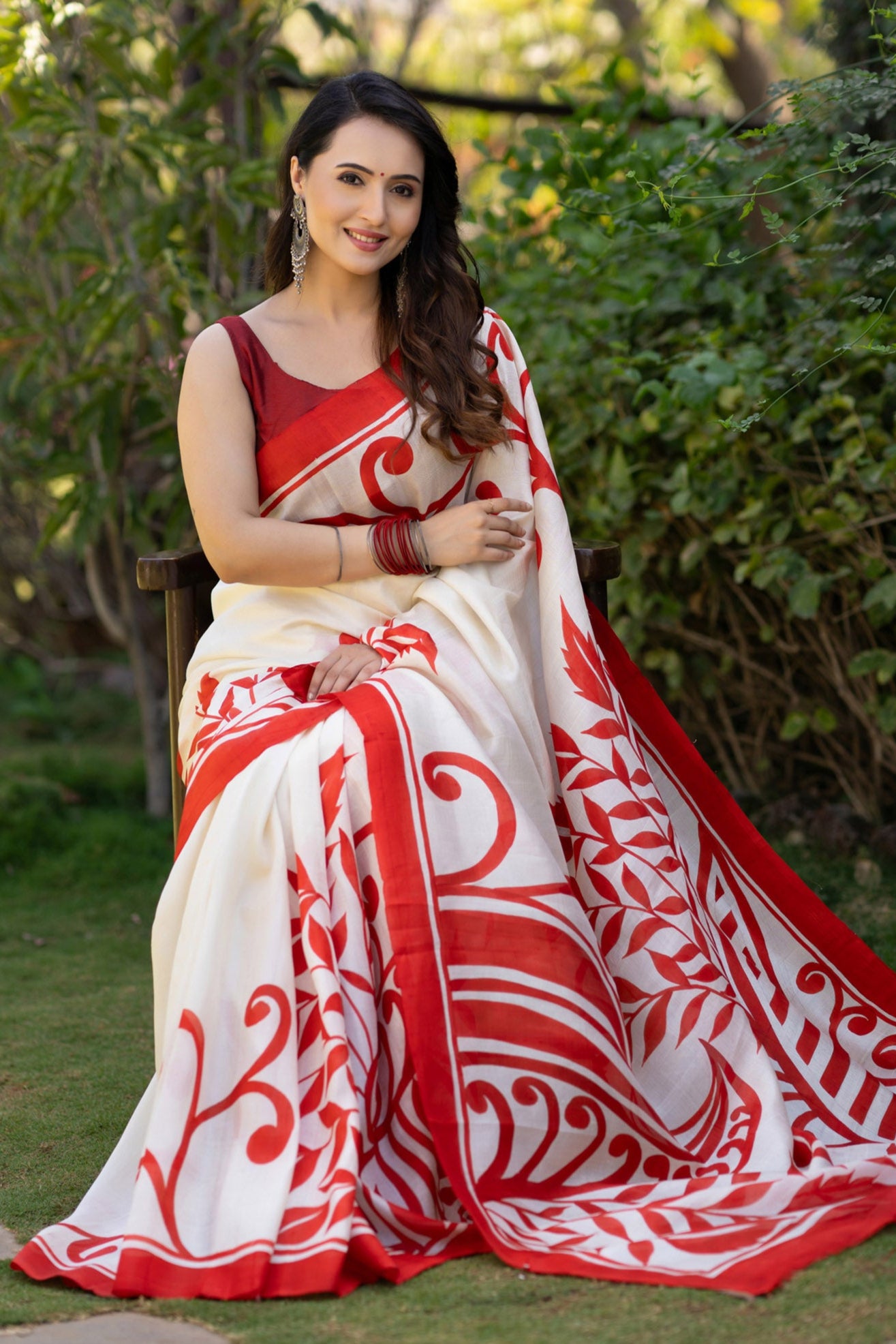 Crimson Garden Silk Hand Painted Saree