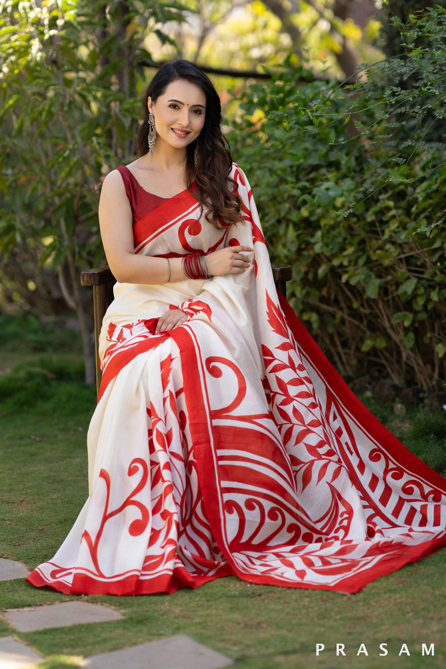 Crimson Garden  silk hand painted Saree