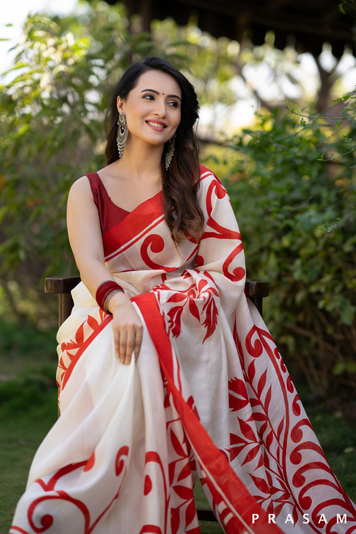 Crimson Garden  silk hand painted Saree