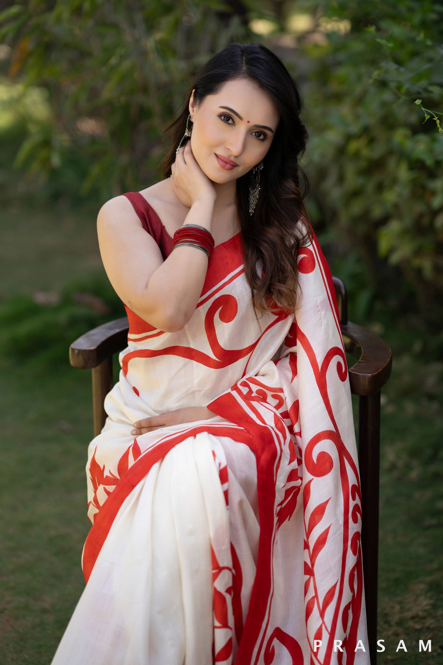 Crimson Garden  silk hand painted Saree