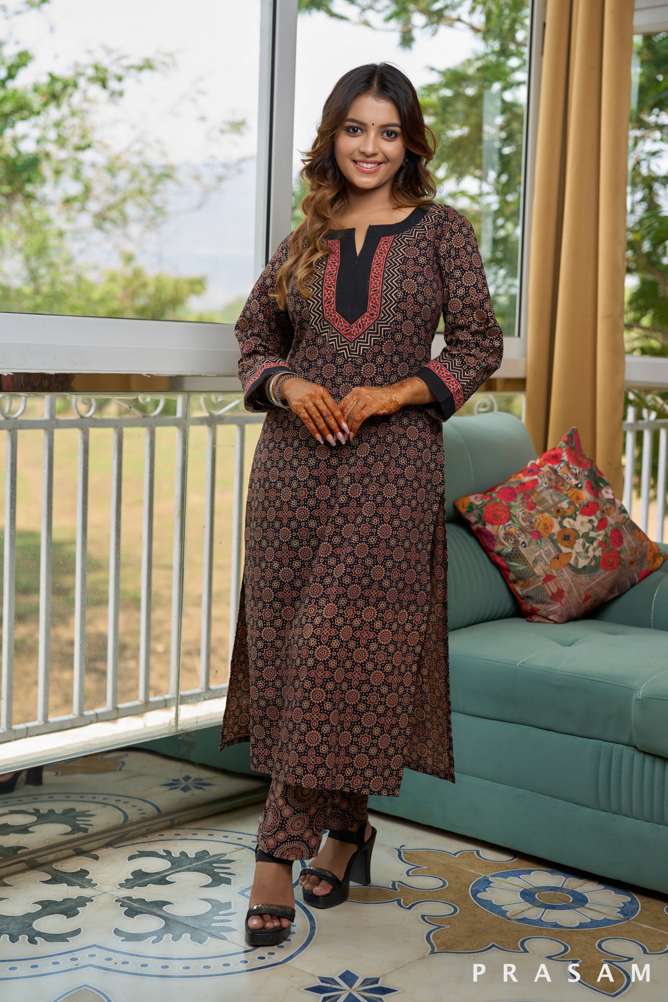 Azure Artistry Ajrakh Kurti Set