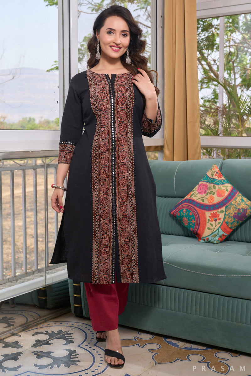 Noir Reflections Ajrak Border Kurti with Mirror Lace