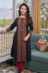 Noir Reflections Ajrak Border Kurti with Mirror Lace