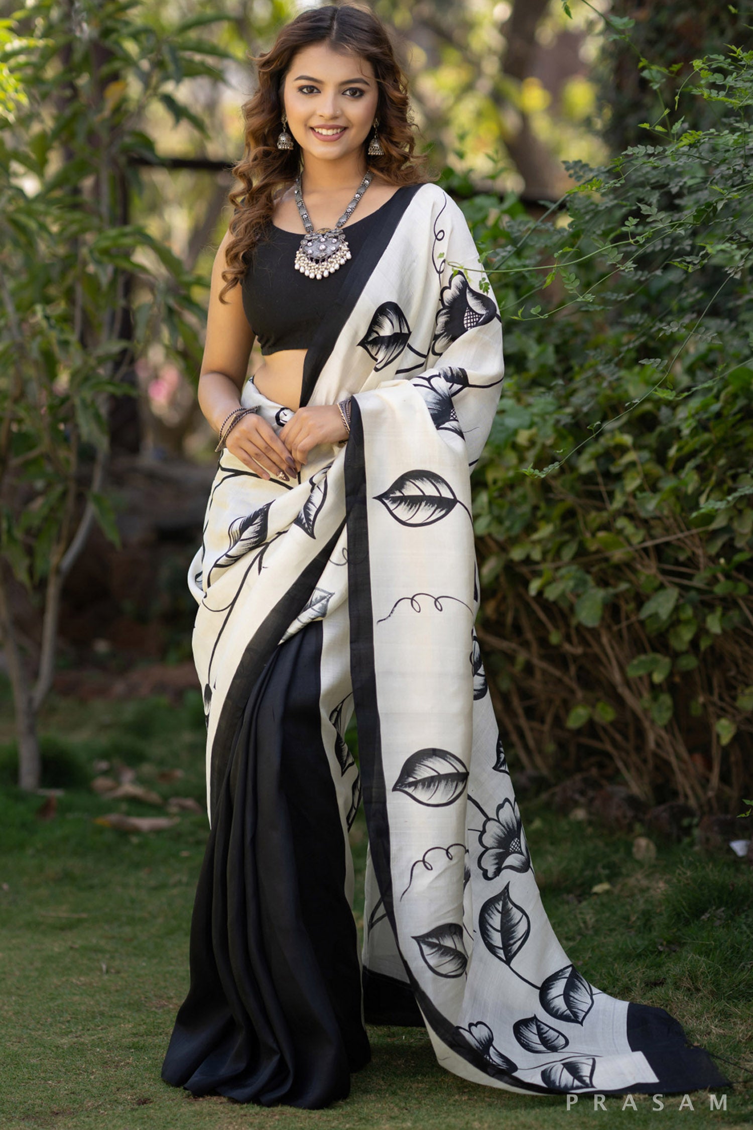 Noir garden black and white floral hand painted silk saree