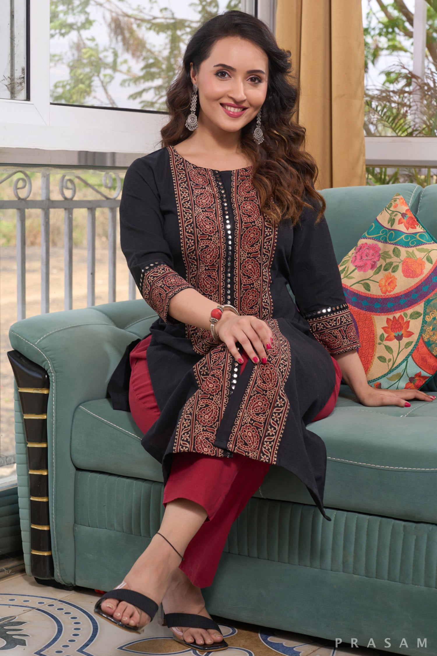 Noir Reflections Ajrak Border Kurti with Mirror Lace