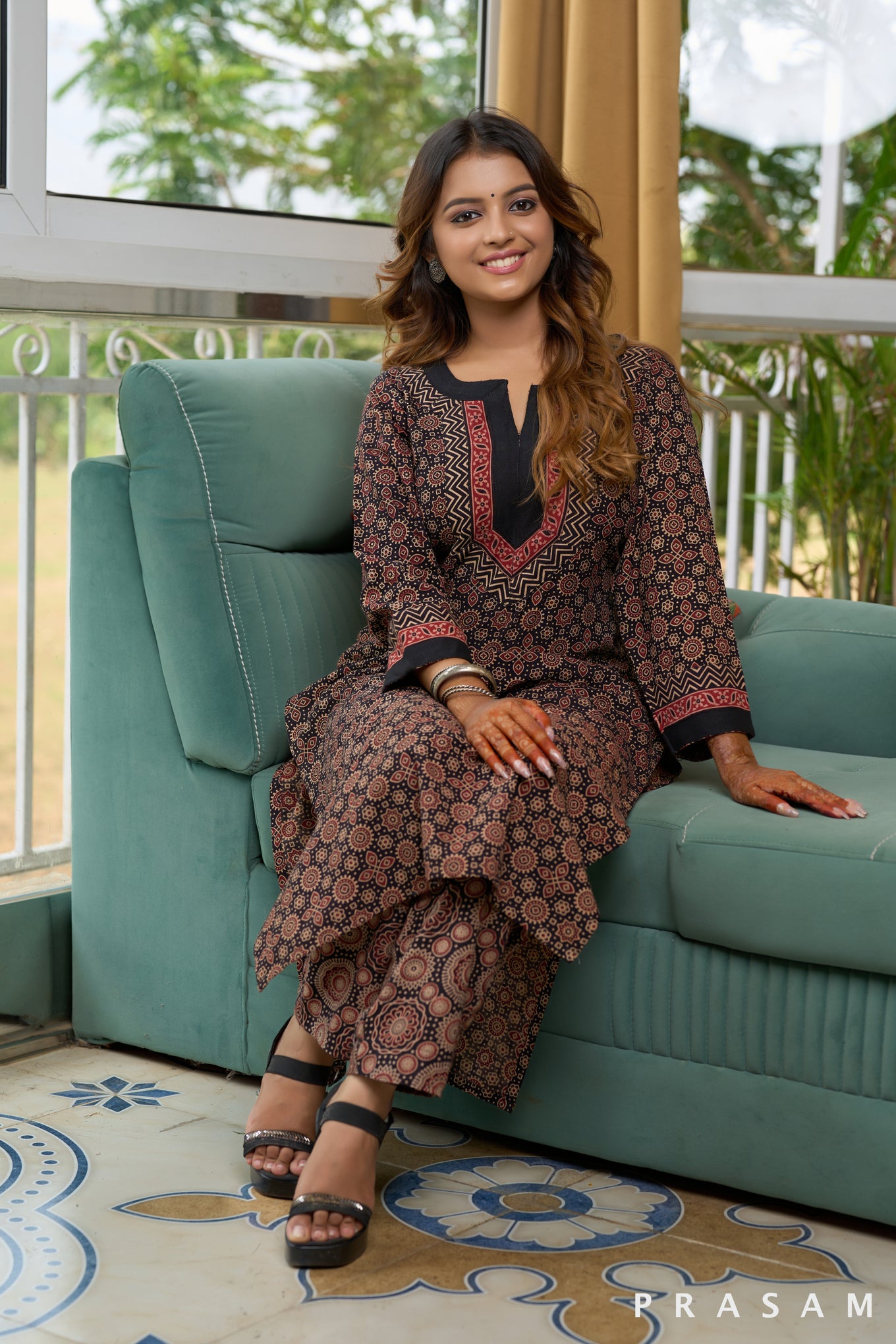 Azure Artistry Ajrakh Kurti Set