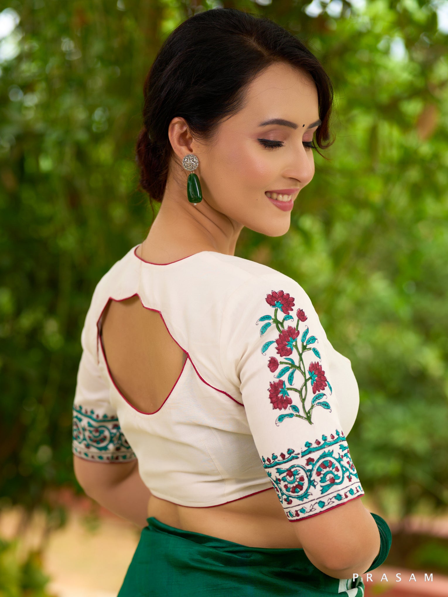 Whispering Petals Off-White Floral Block Print Chanderi Blouse