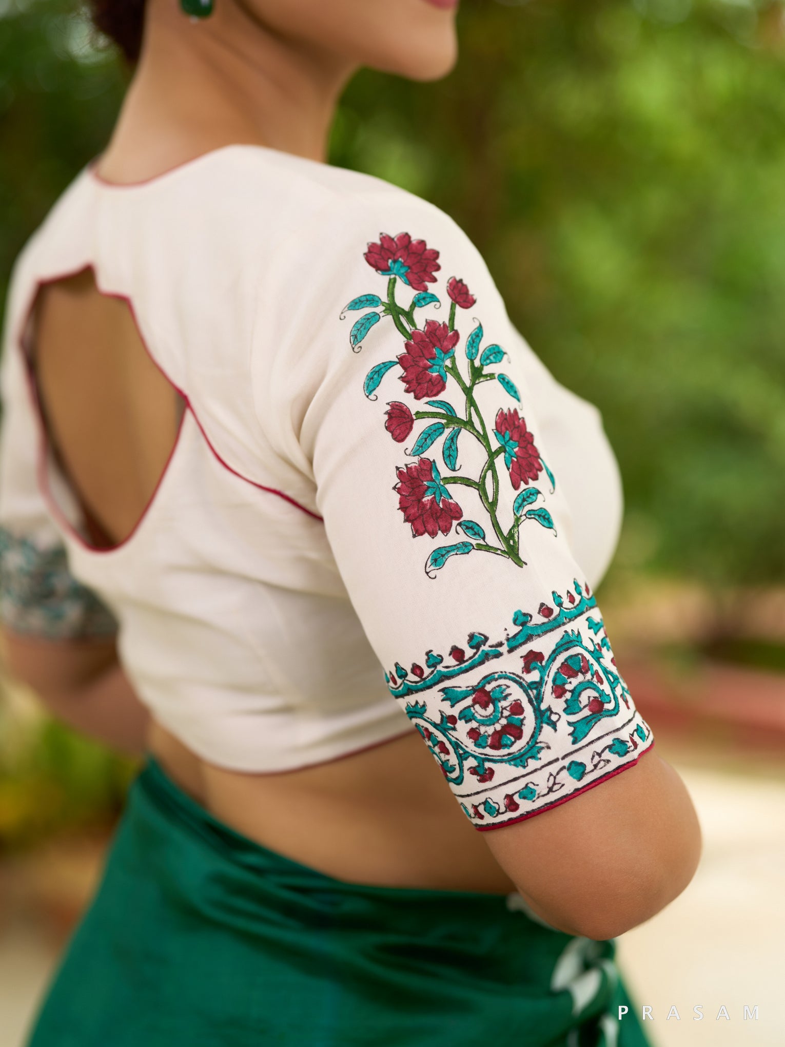 Whispering Petals Off-White Floral Block Print Chanderi Blouse