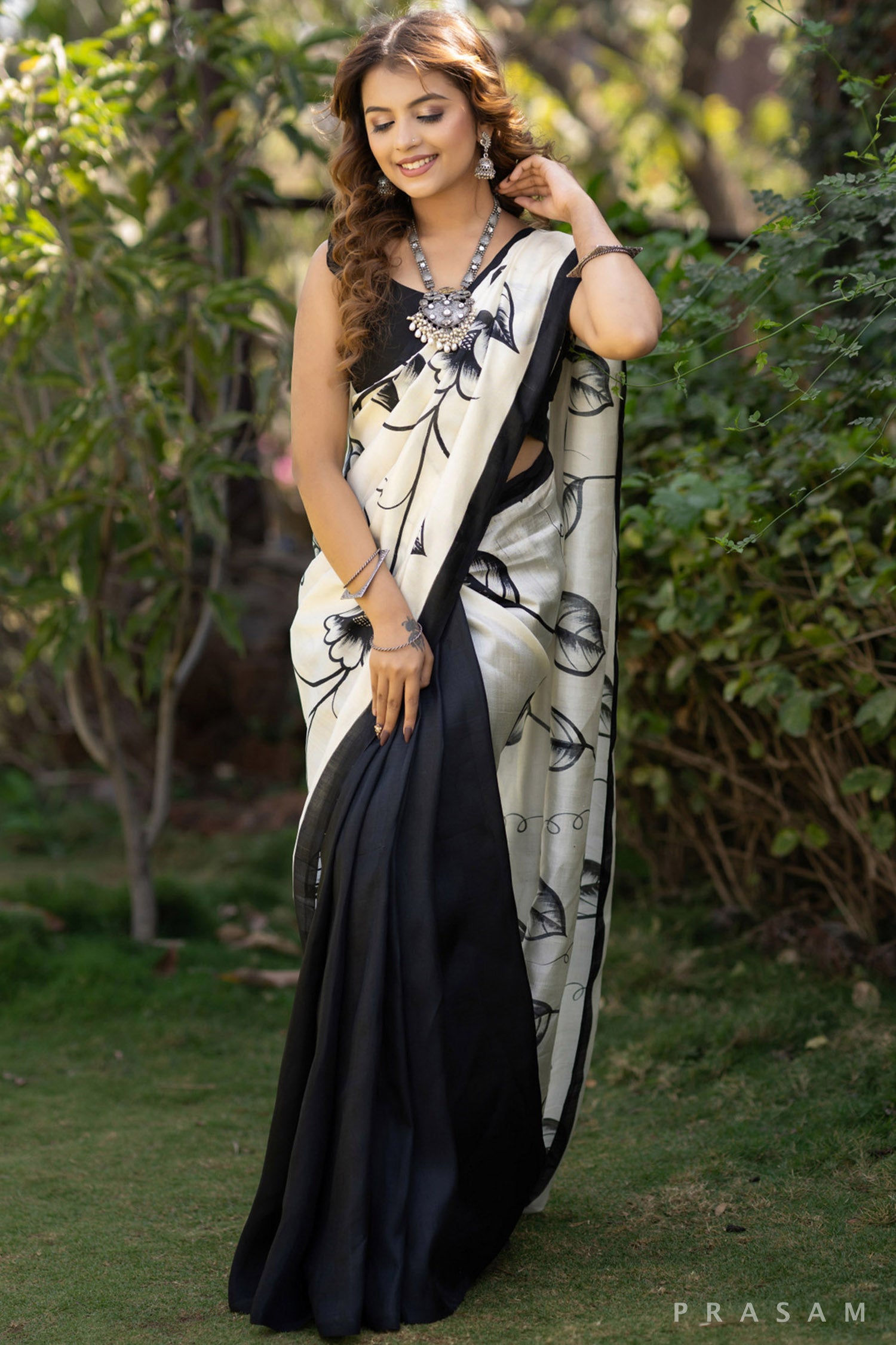 Noir garden black and white floral hand painted silk saree