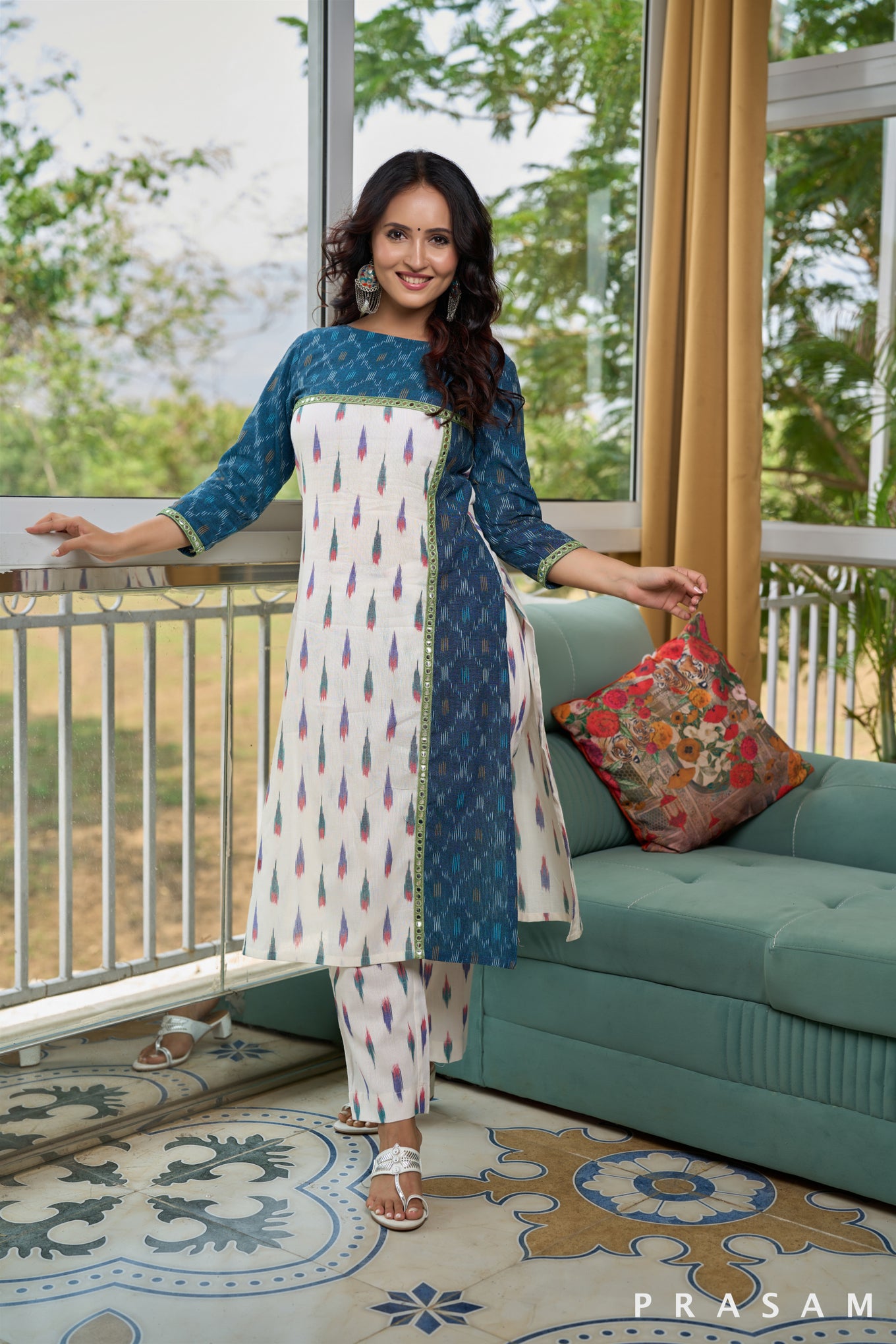 Tranquil Blue Sky Ikat Kurti with Mirror Lace Embellishment (Optional Pants)