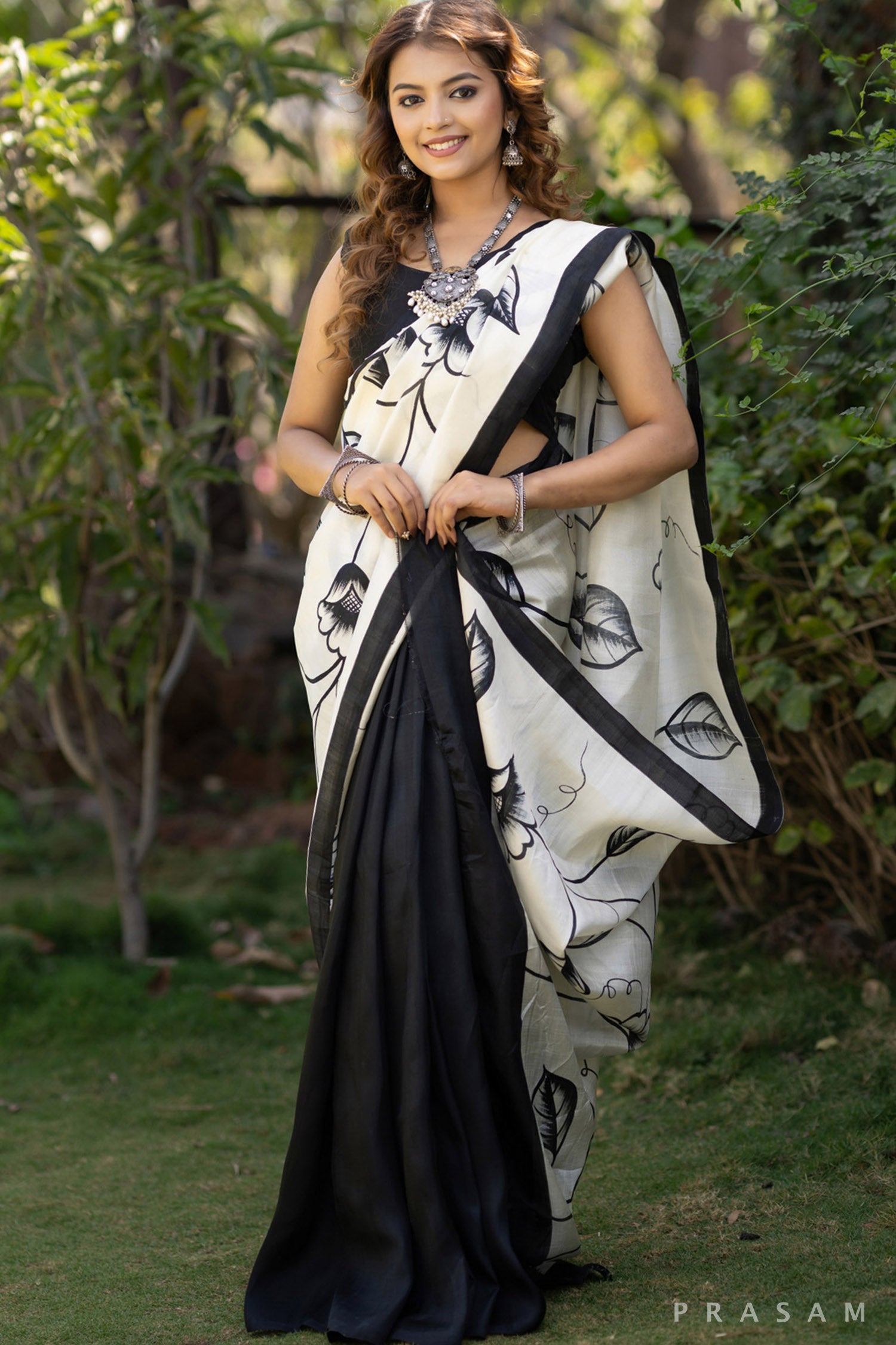 Noir garden black and white floral hand painted silk saree