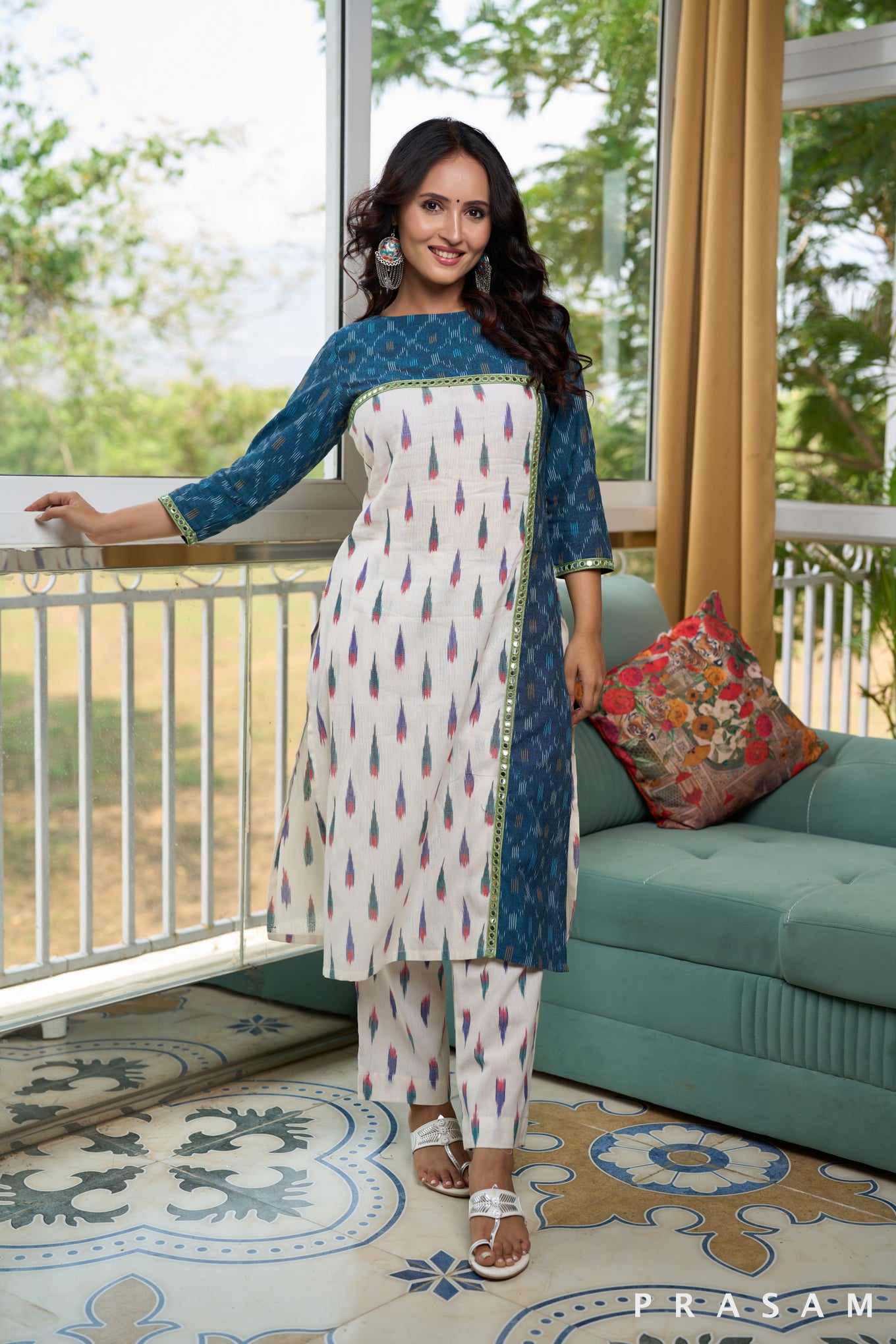 Tranquil Blue Sky Ikat Kurti with Mirror Lace Embellishment (Optional Pants)