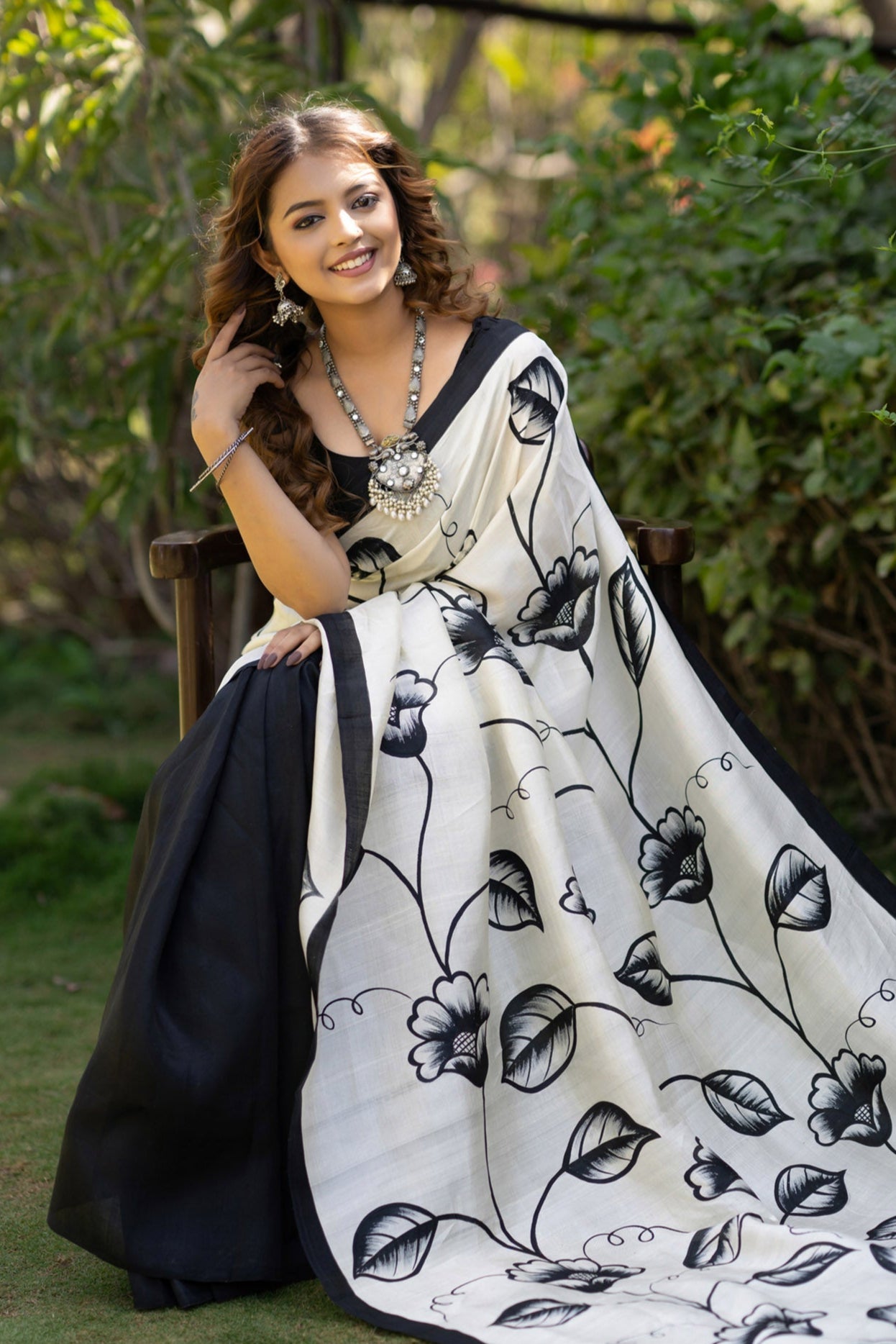 Noir garden black and white floral hand painted silk saree