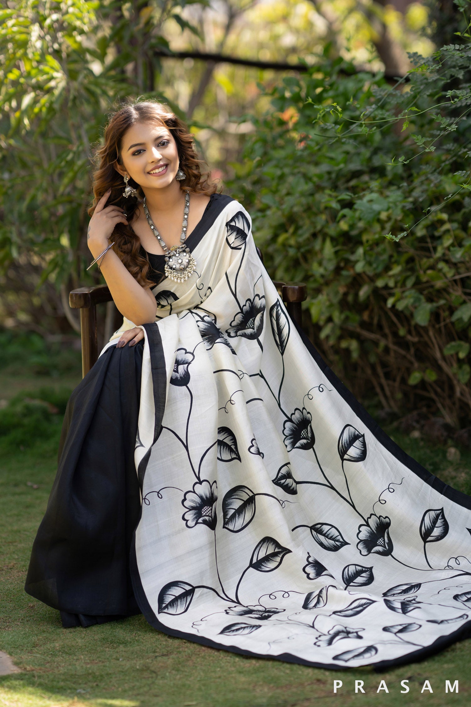 Noir garden black and white floral hand painted silk saree