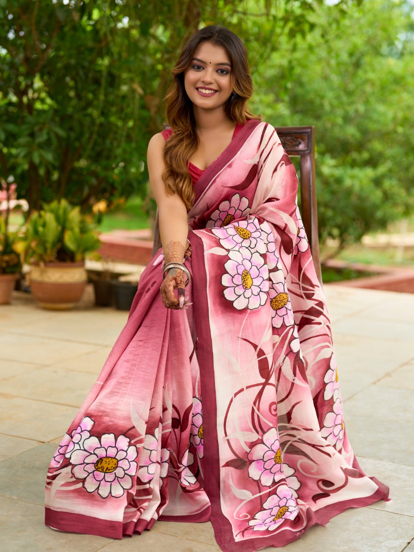 Burgundy Blossom Pure Silk Hand Painted Floral Saree