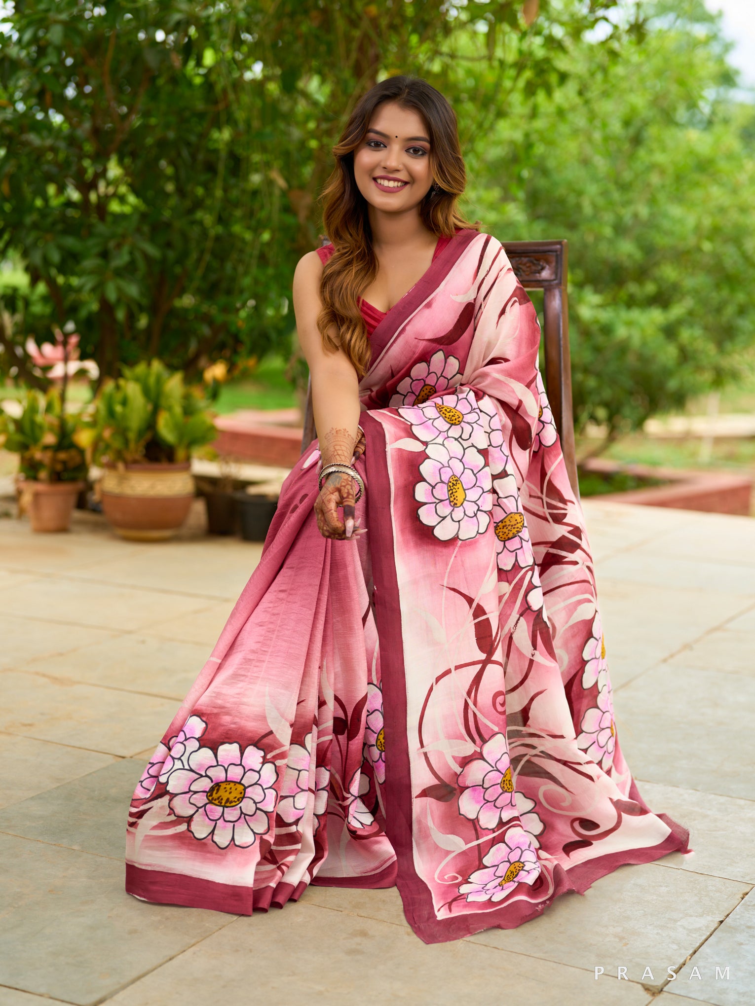 Burgundy Blossom Pure Silk Hand Painted Floral Saree