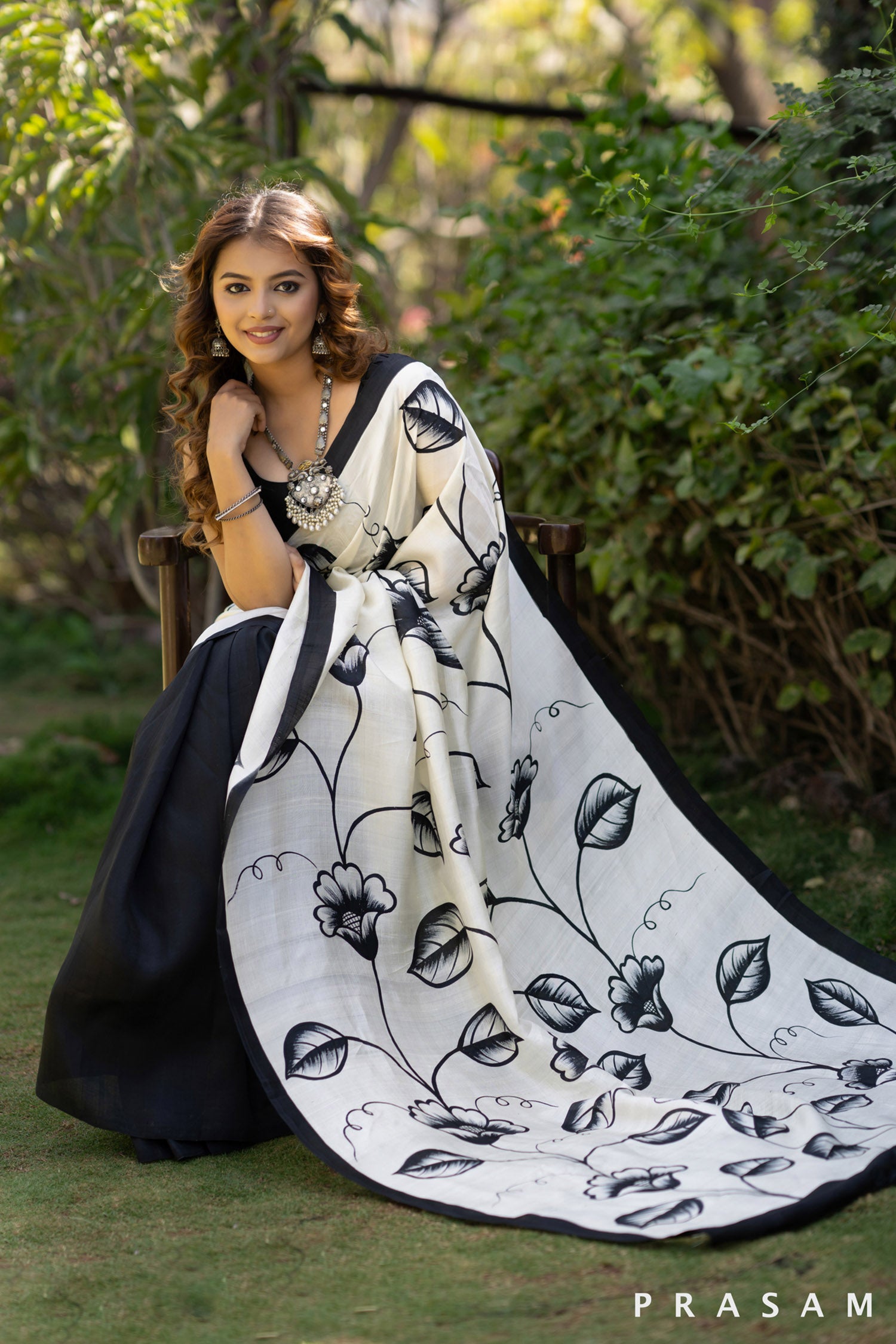 Noir garden black and white floral hand painted silk saree