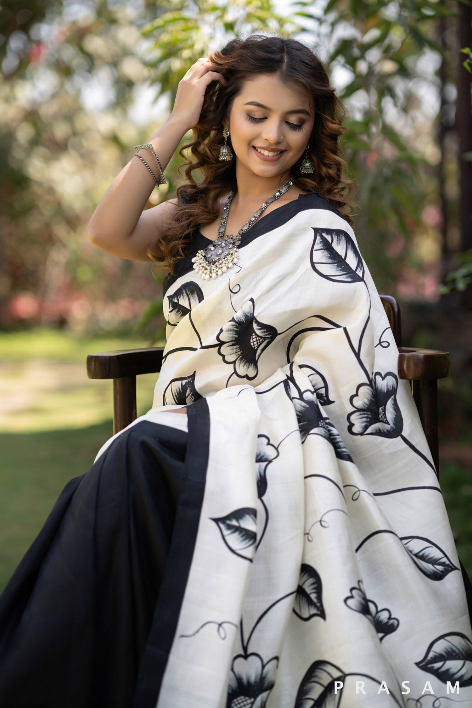 Noir garden black and white floral hand painted silk saree