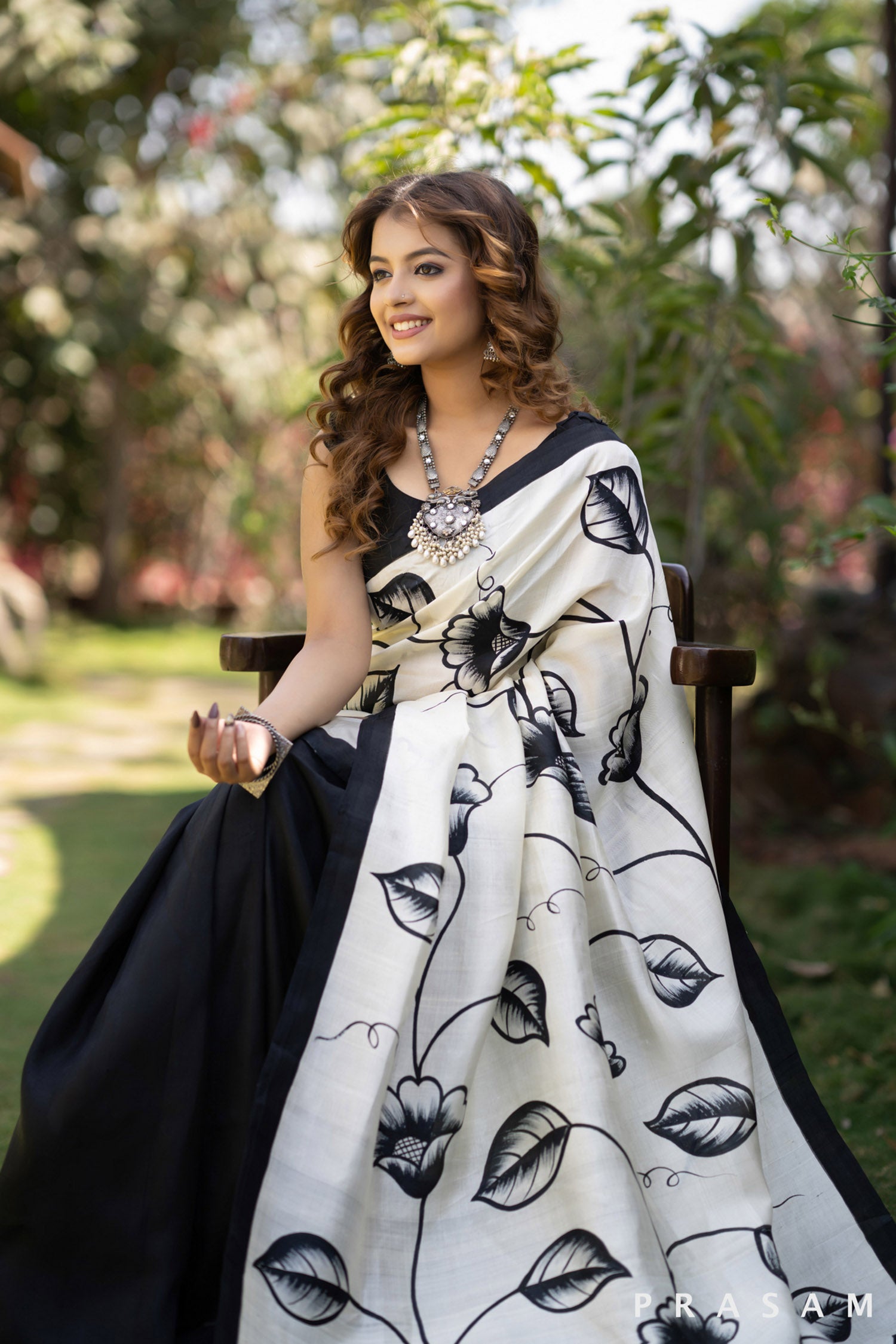 Noir garden black and white floral hand painted silk saree