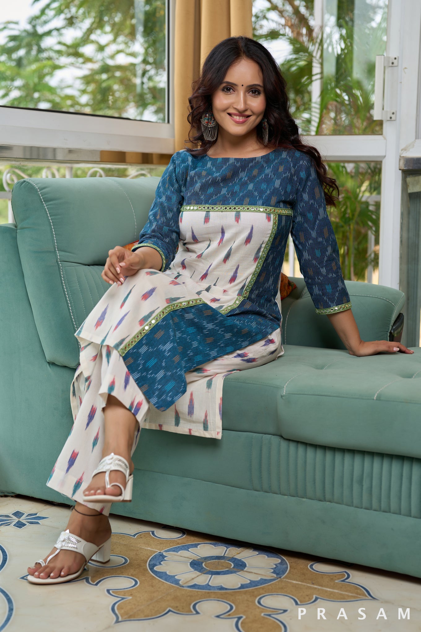 Tranquil Blue Sky Ikat Kurti with Mirror Lace Embellishment (Optional Pants)