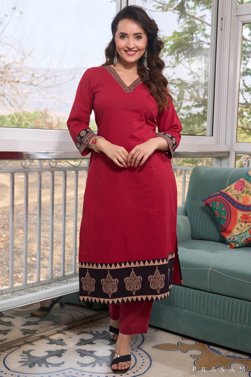 Mulberry Dream Cotton Kurti with Ajrak Highlights with ajrak border trims on daaman and sleeves