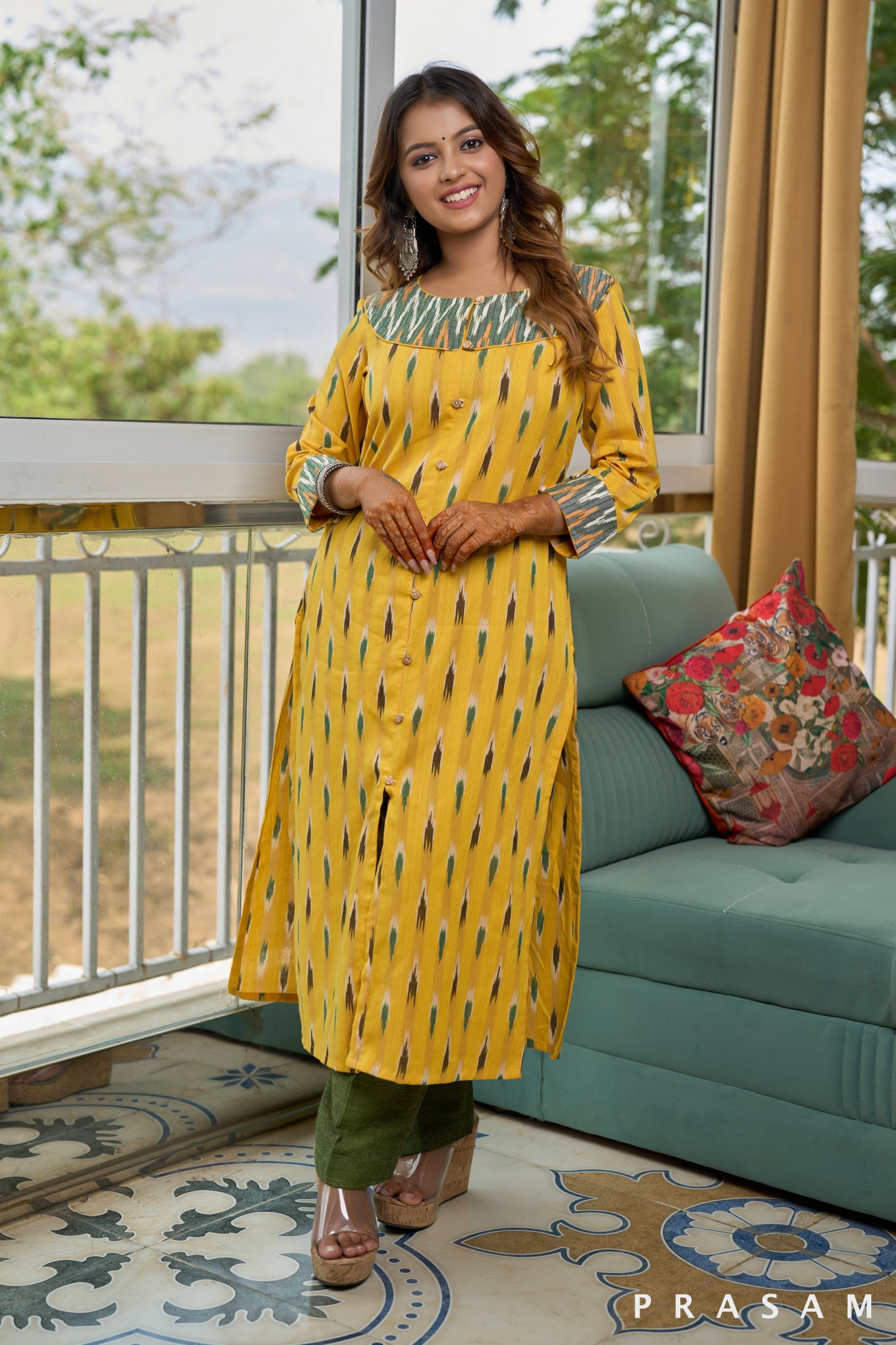 Citrine Marigold Yellow Ikat Kurti with Green Embellishments