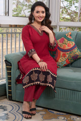 Mulberry Dream Cotton Kurti with Ajrak Highlights with ajrak border trims on daaman and sleeves