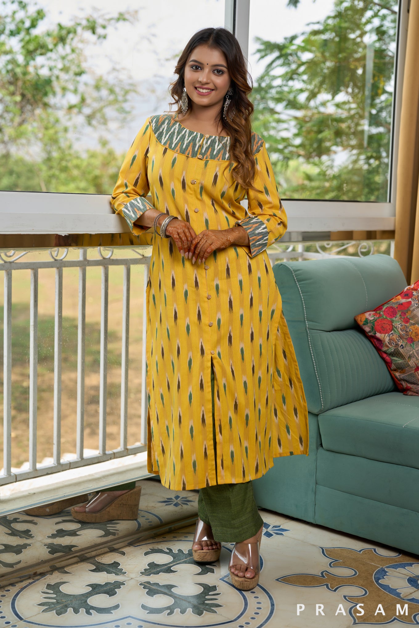 Citrine Marigold Yellow Ikat Kurti with Green Embellishments