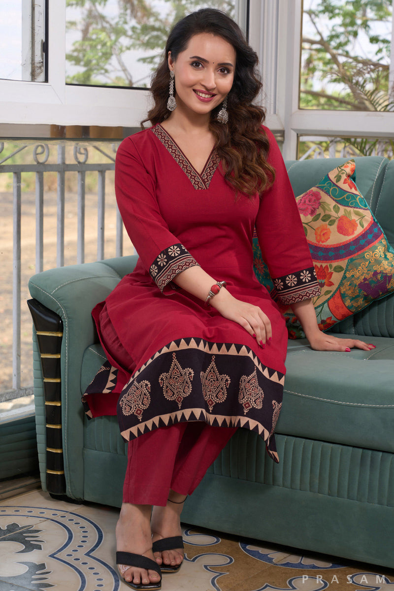 Mulberry Dream Cotton Kurti with Ajrak Highlights with ajrak border trims on daaman and sleeves