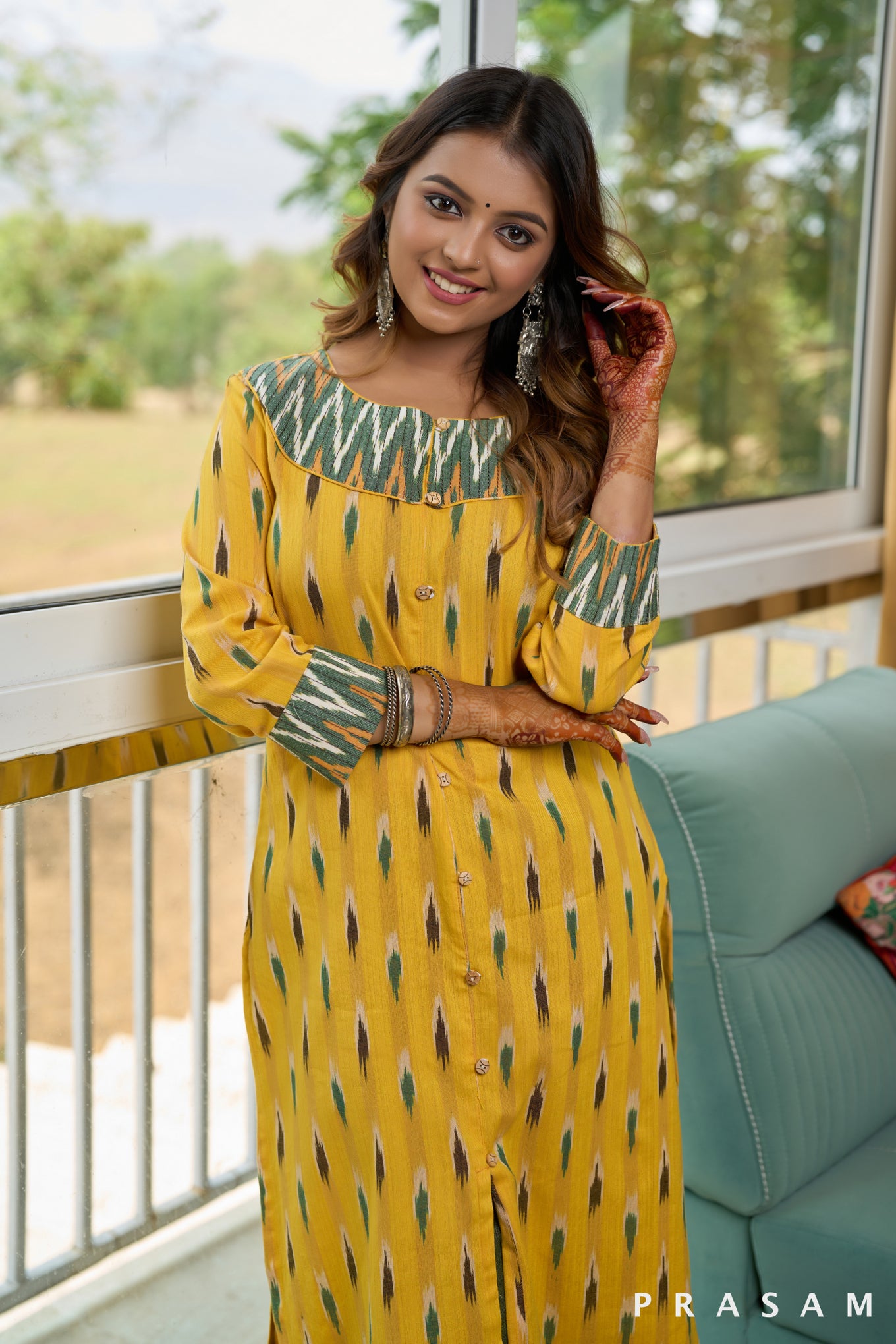 Citrine Marigold Yellow Ikat Kurti with Green Embellishments