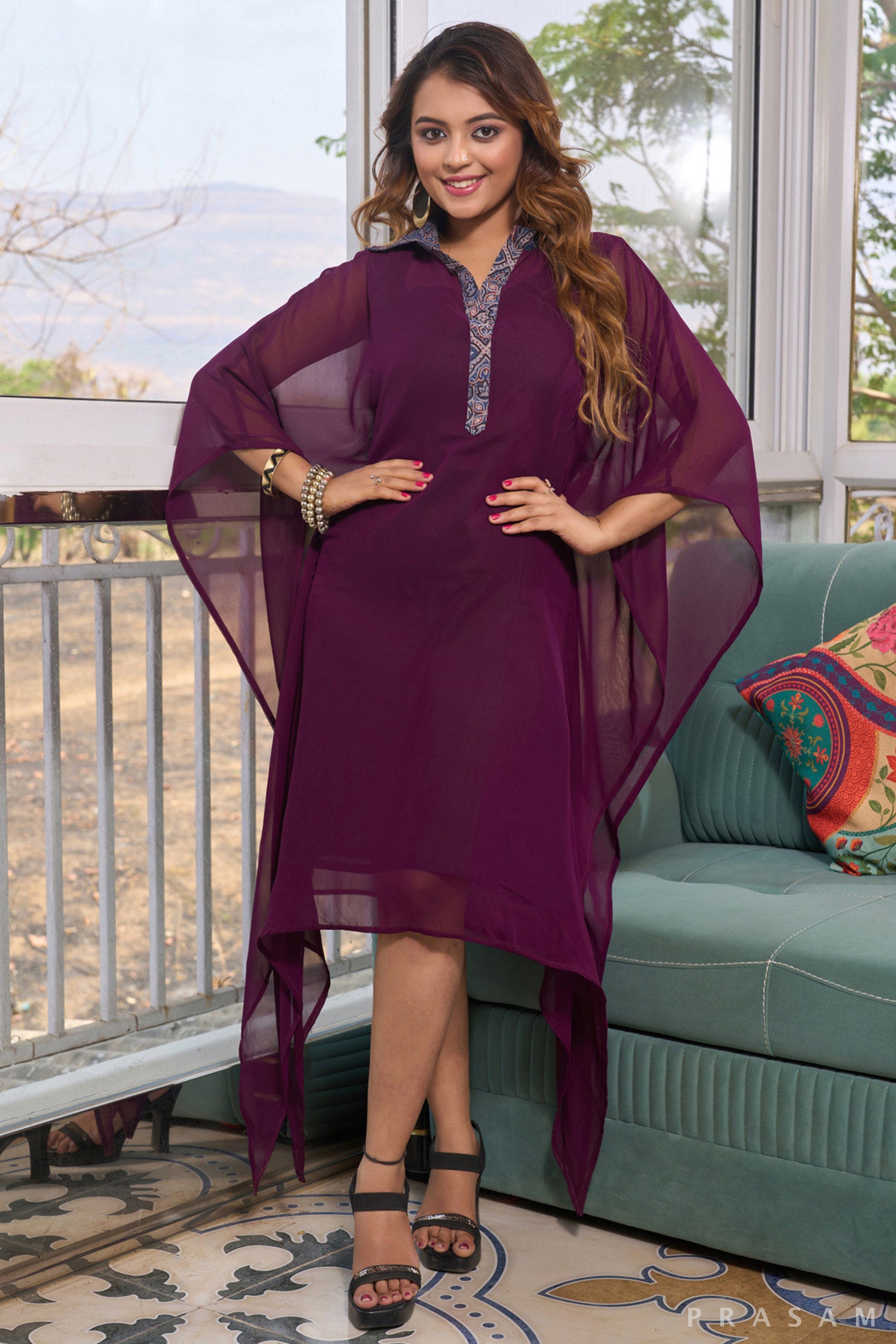 Wineberry  Kaftan with ajrakh trims