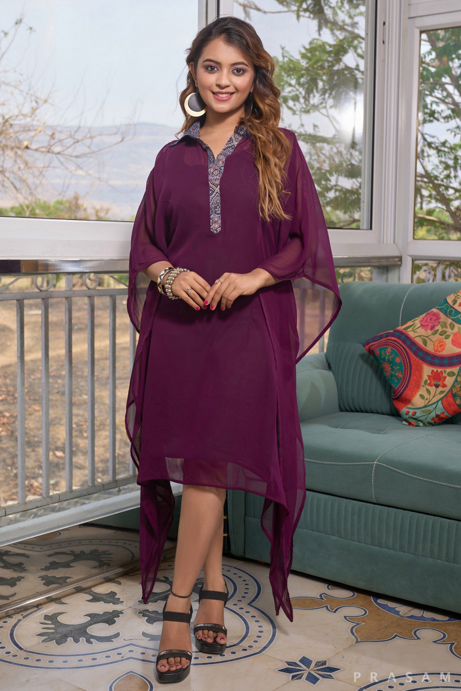 Wineberry  Kaftan with ajrakh trims