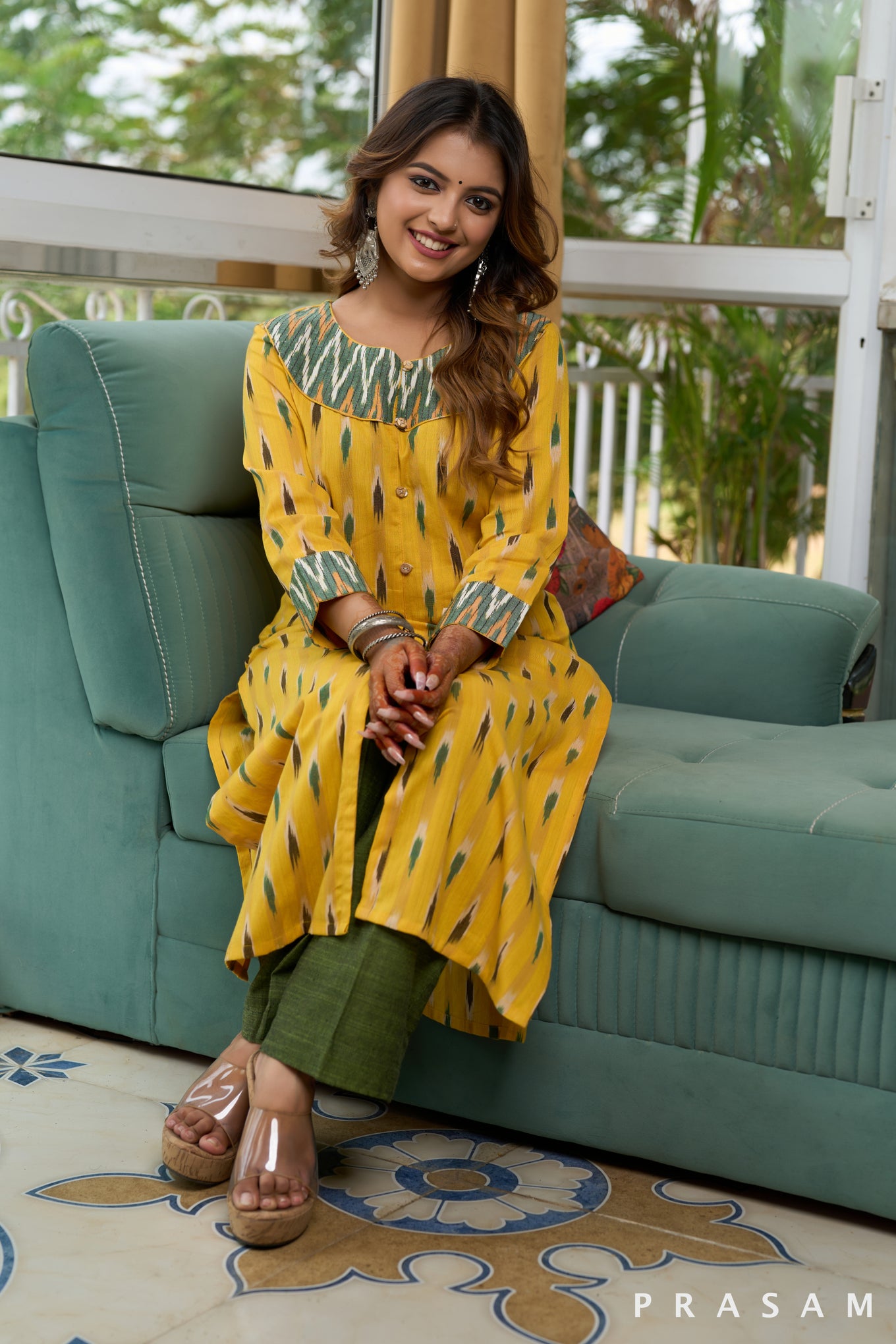 Citrine Marigold Yellow Ikat Kurti with Green Embellishments